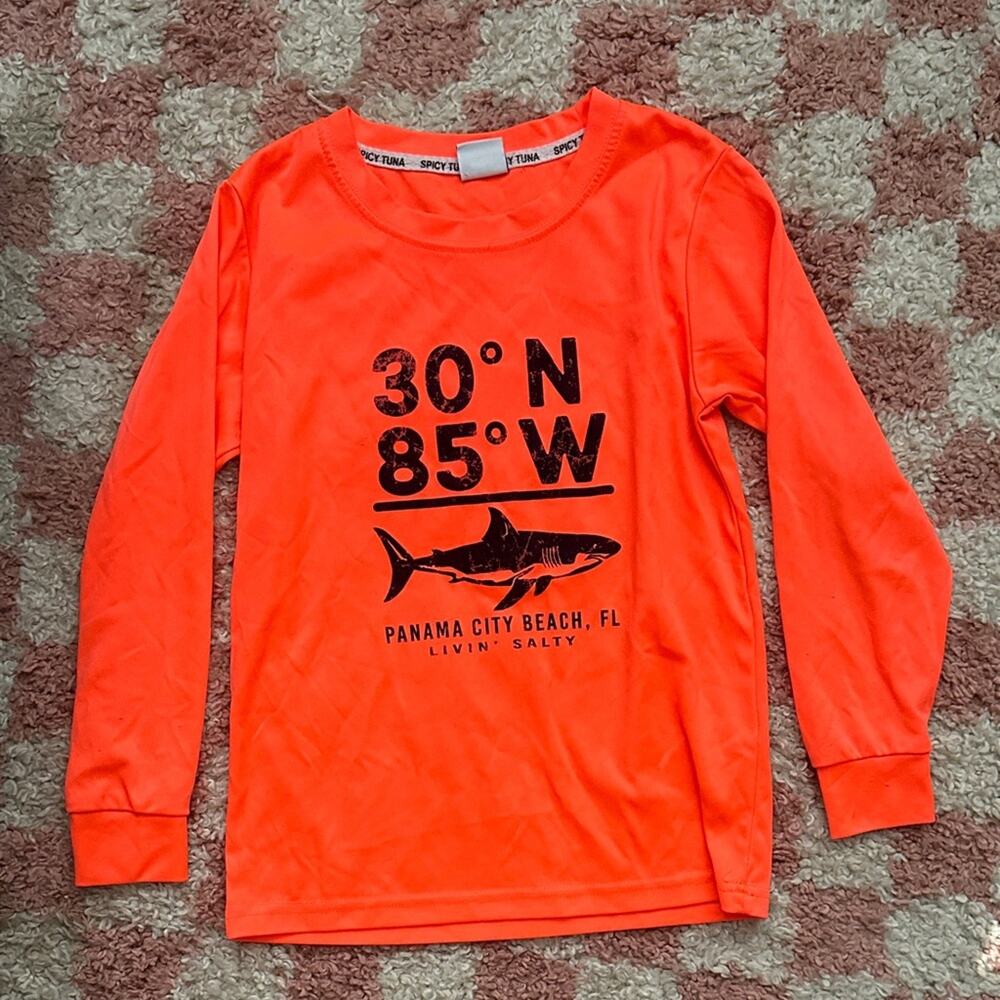 Spicy Tuna Large Kids Orange Rash Guard Panama City Beach Florida Swim Shirt